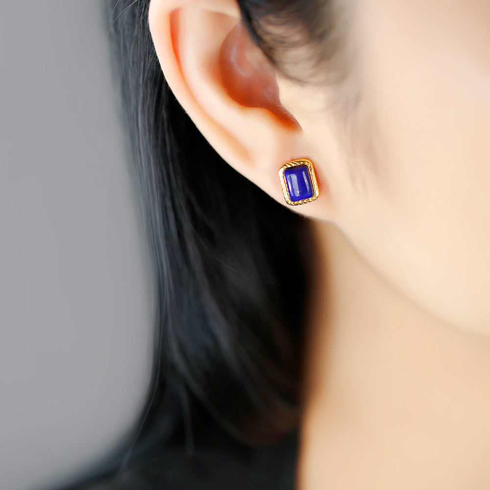 S925 silver-plated inlaid lapis lazuli south red agate square niche simple sterling silver female earrings