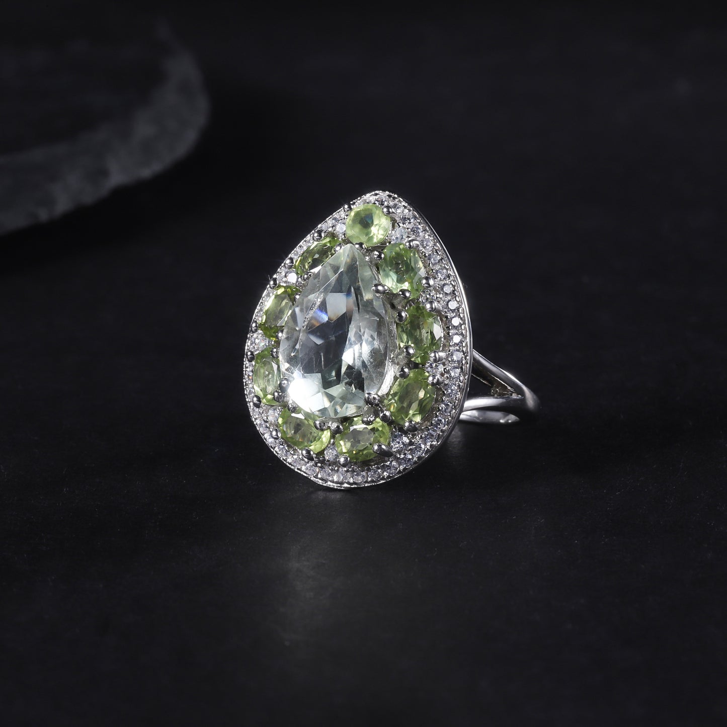 S925 Silver Natural Olivine Green Amethyst Ring Set with Natural Treasure Ring