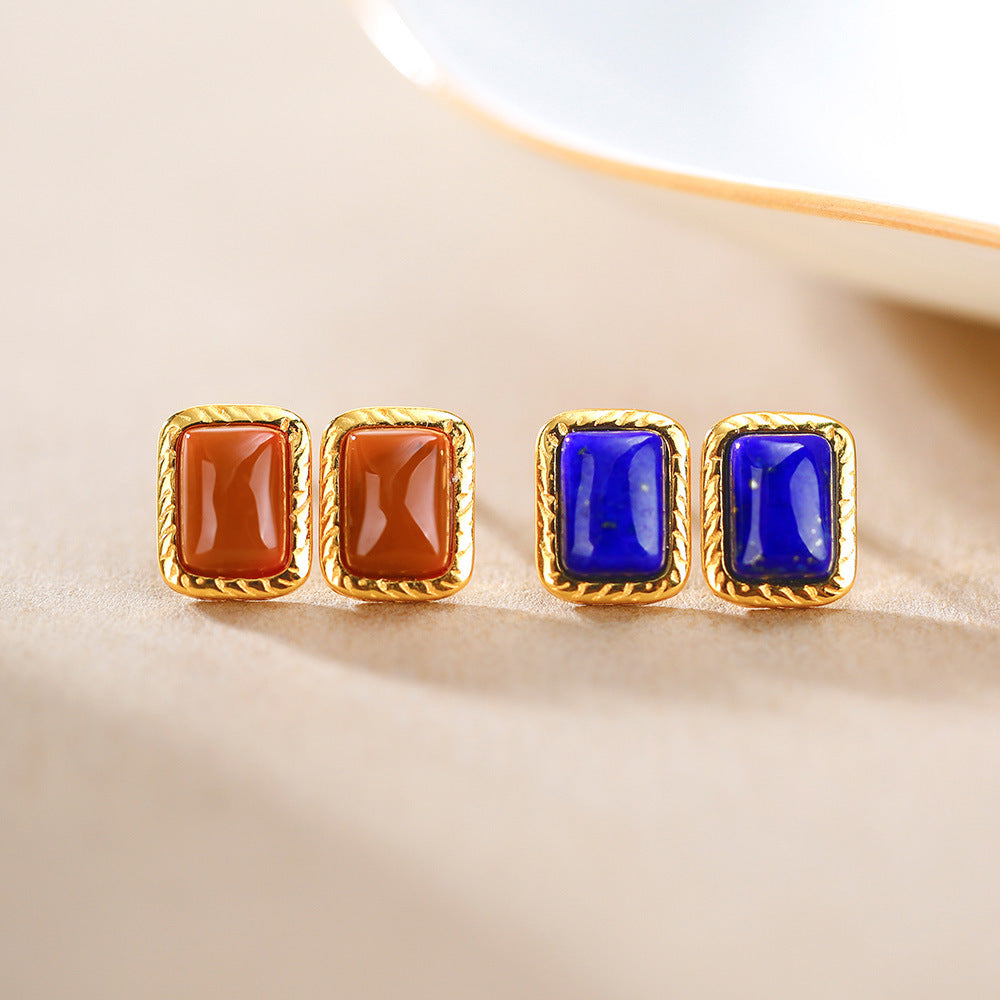 S925 silver-plated inlaid lapis lazuli south red agate square niche simple sterling silver female earrings