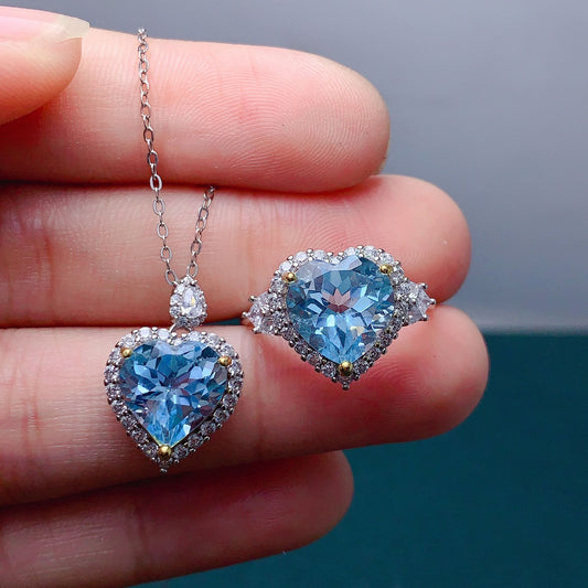 925 silver inlaid natural sky blue Topaz ring pendant set heart design