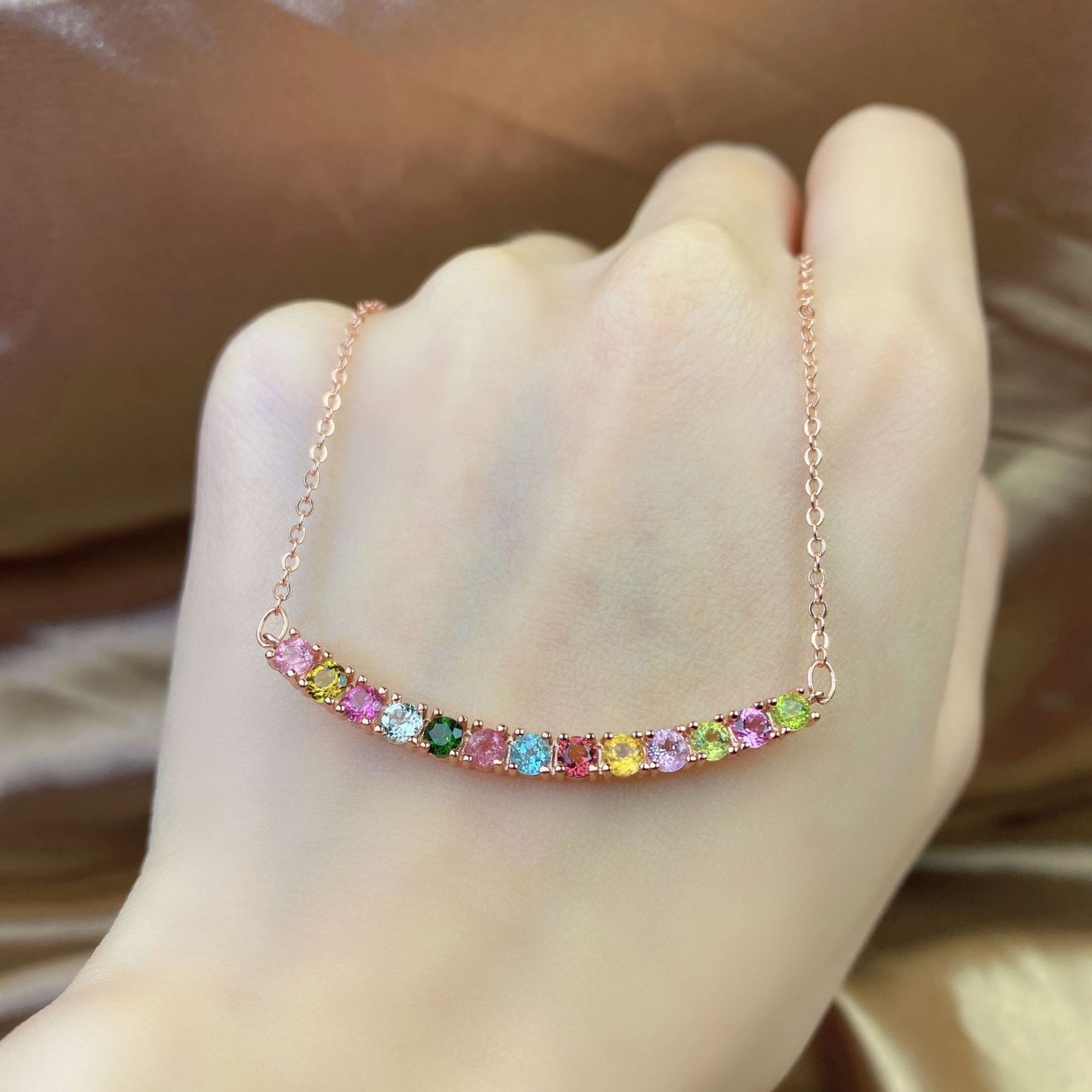 Macaron Smiling Face Candy Color Tourmaline Necklace Women's Simple and Versatile Ins Style Pendant s925 Silver Inlaid with Natural Color Treasure