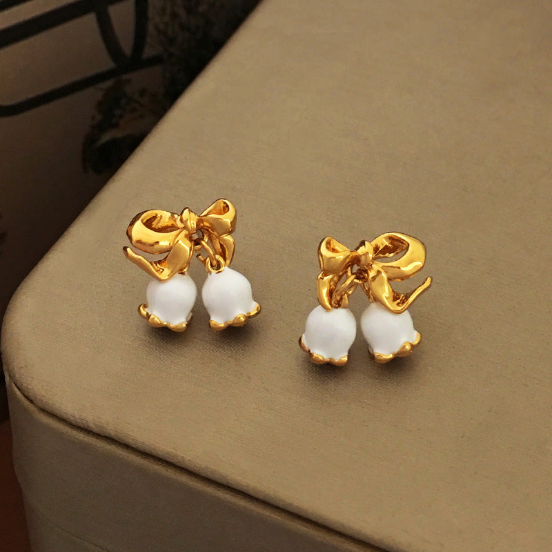 [DF]Original S925 silver needle Korean temperament bow bell stud earrings ins wind small fresh summer earrings