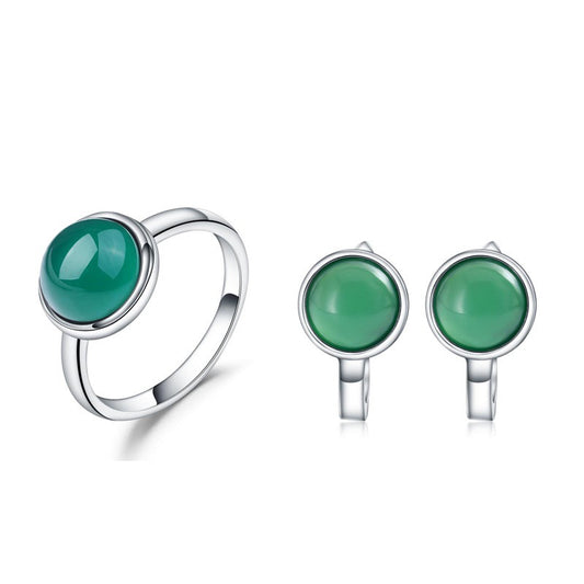 Fashionable and minimalist green agate jewelry set with s925 sterling silver inlaid natural color treasure rings and earrings, two-piece set