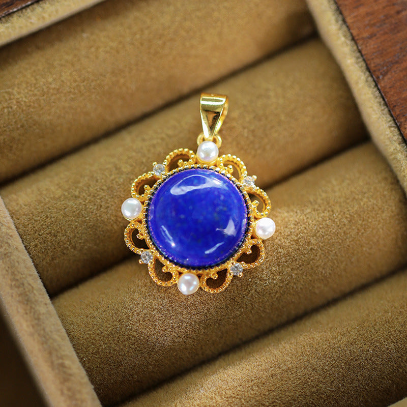 Collier de nouilles aux œufs en lapis-lazuli incrusté d'argent 925, avec collier de tournesol évidé de perles