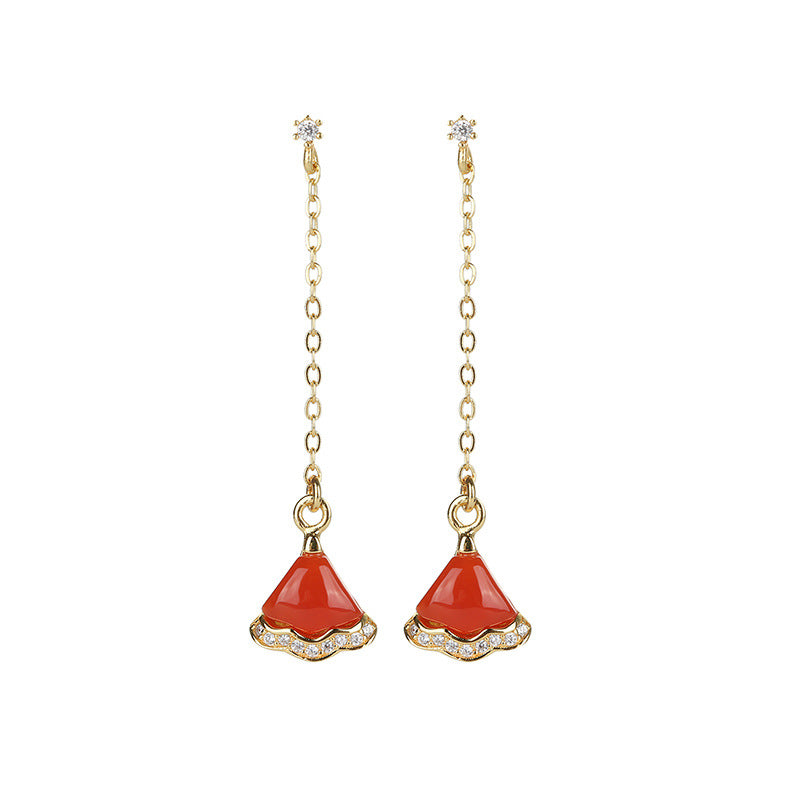 S925 silver gilt inlaid South Red Agate Hotan Jade fan shaped earrings with zircon embellishment