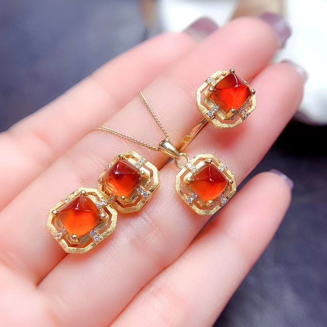 Natural garnet set Square ring earrings Pendant Vintage French three-piece set