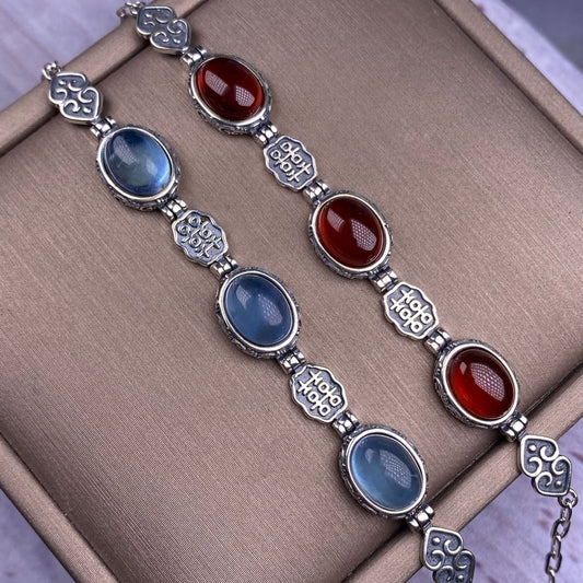 Pulsera de aguamarina en plata S925 con incrustaciones de cristales vintage de grano múltiple en forma de mano