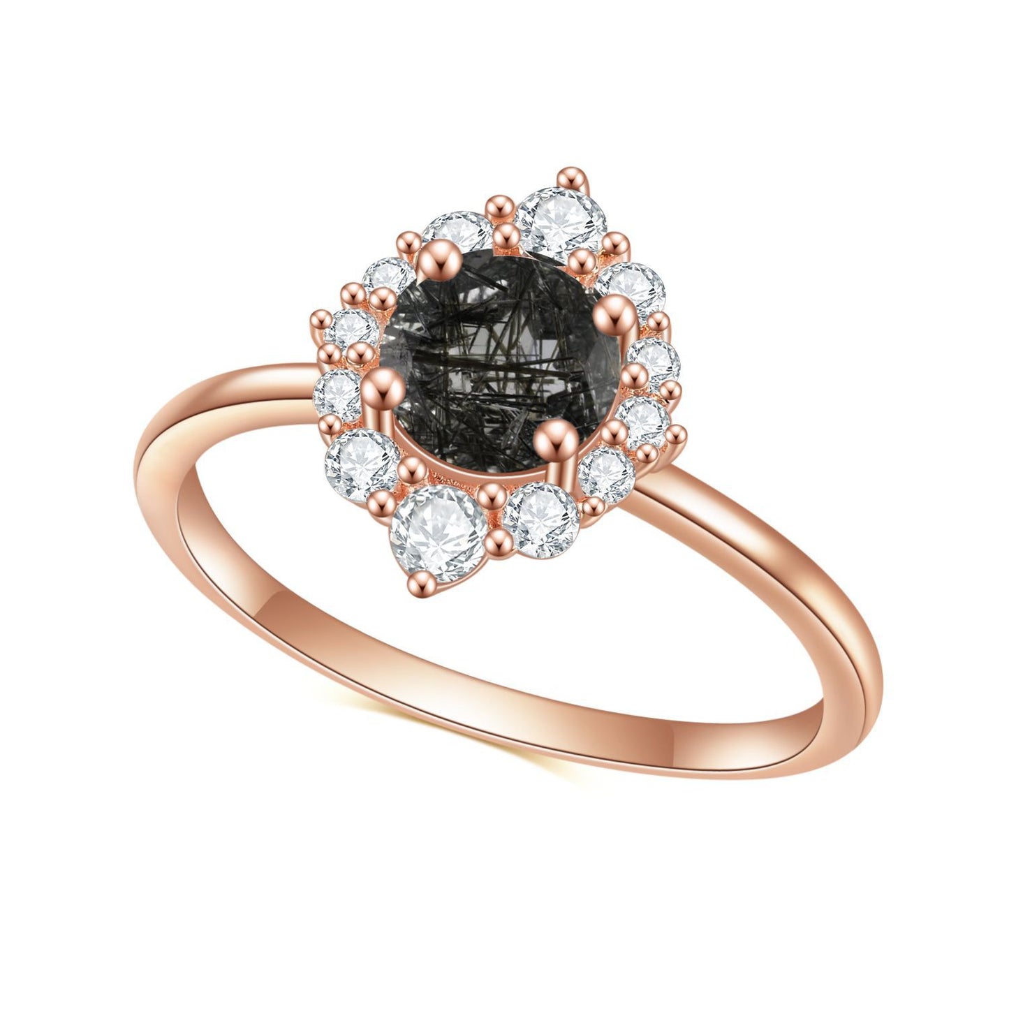 Bague en argent sterling S925 incrustée de pierre de lune naturelle, bague en cristal de cheveux noirs, bague en or rose de luxe à la mode