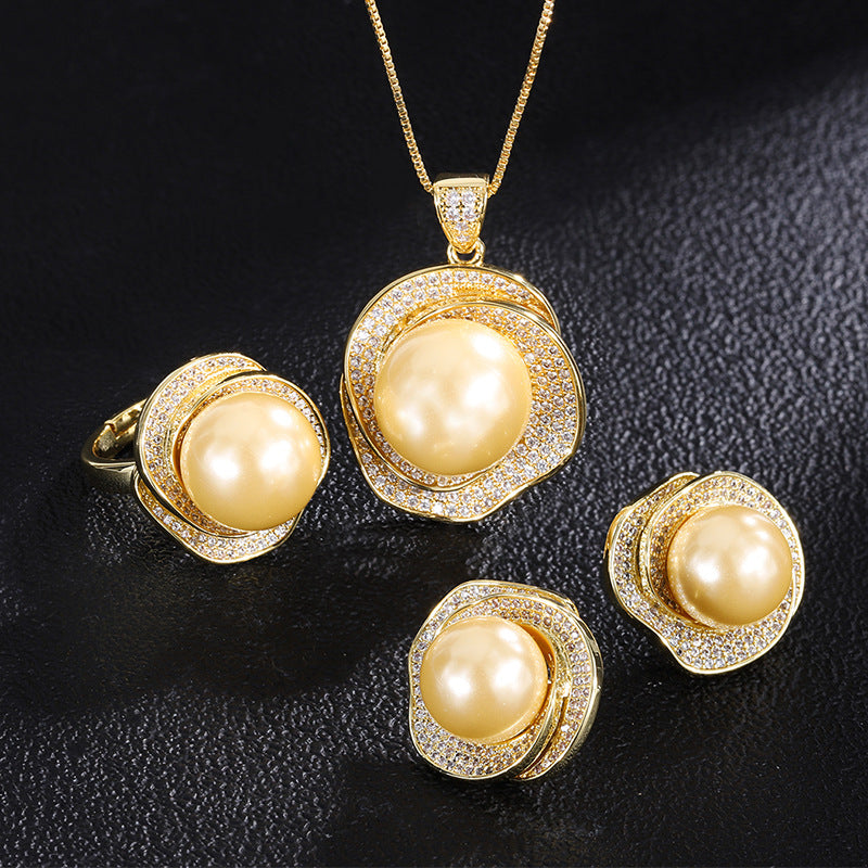 18k Golden Shell Pearl Rose Geometric Diamond Ring Pendant Earrings Women's Set