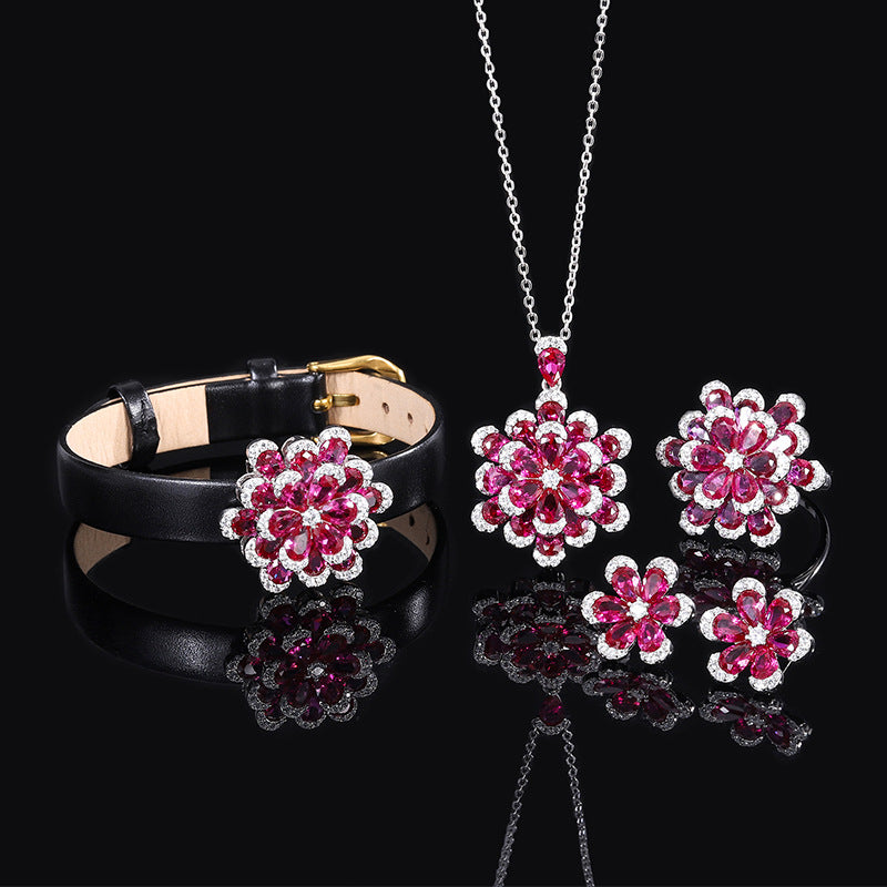 S925 Full body Silver Simulated Red Corundum Flower Set Jewelry