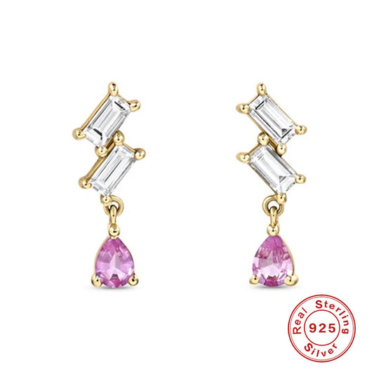 INS pink gemstone diamond stepped earrings are simple and versatile