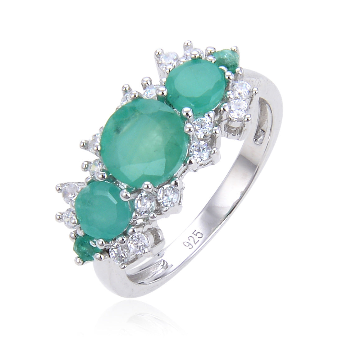 Natural stone ring female retro s925 silver inlaid gem ring