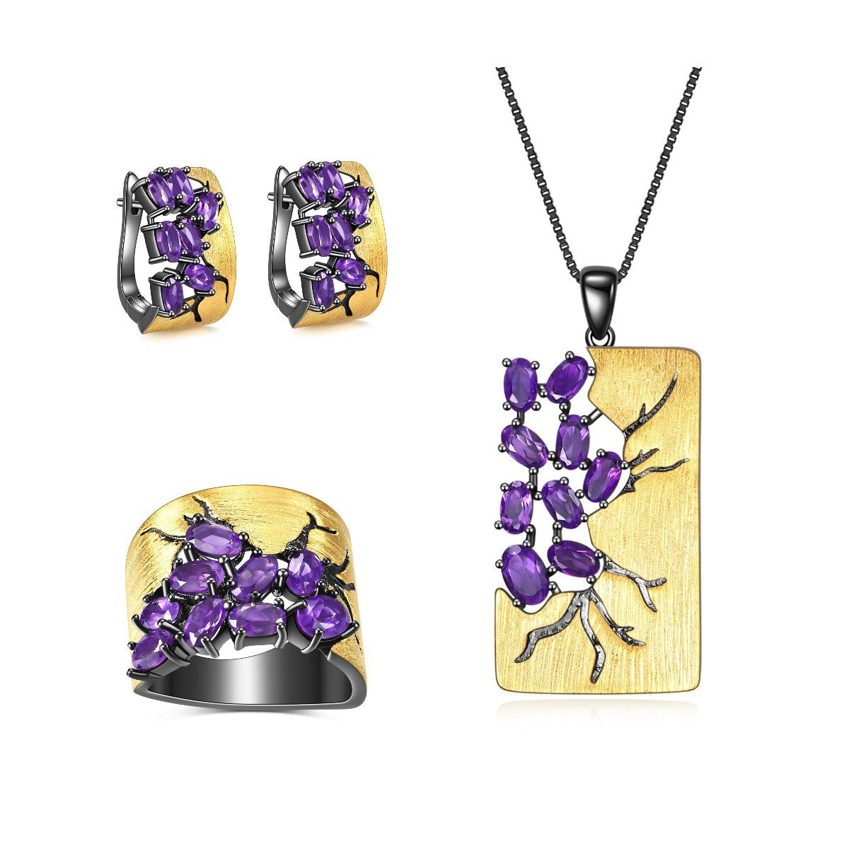 Ensemble de bijoux de luxe de style européen et américain en argent 925 avec accessoires en pierre de couleur naturelle de créateur, ensemble de trois pièces