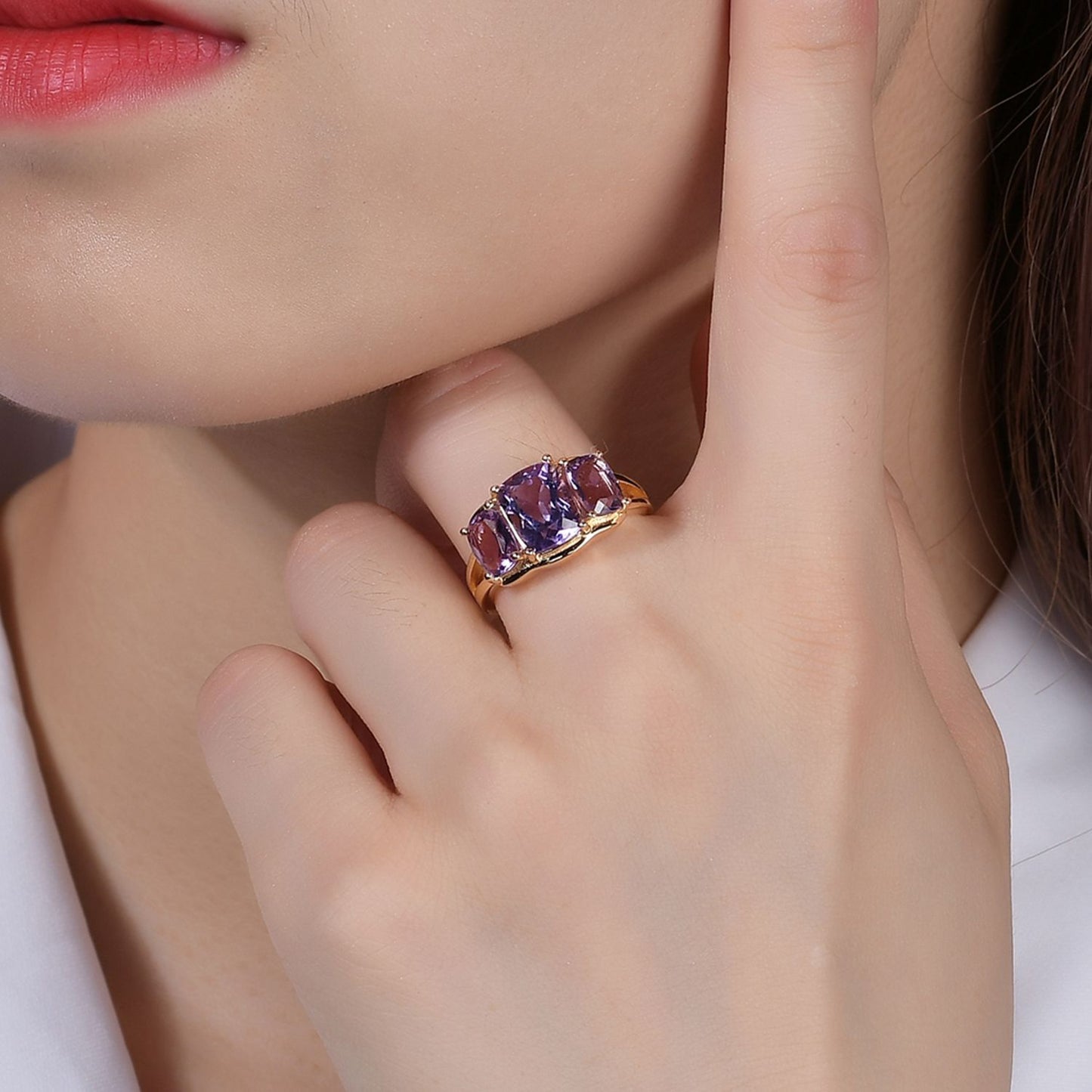 Natural colorful Brazilian amethyst ring s925 silver-plated 14k gold inlaid with gem ring.