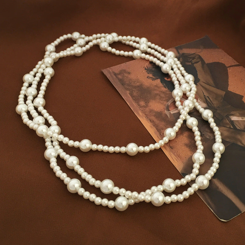 [DF]Vintage high-end sense imitation Shijia high-gloss round pearl necklace stacked necklace, light luxury small fragrant style collarbone chain