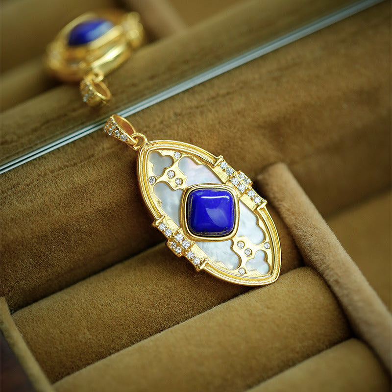 S925 sterling silver gold-plated lapis lazuli white mother-of-pearl pendant