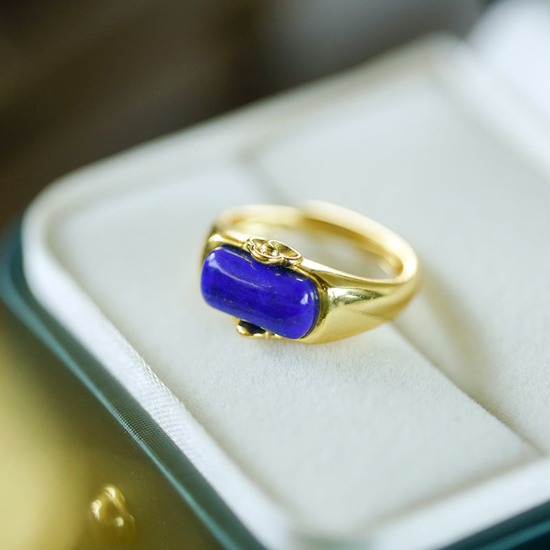 Bague ouverte exquise en Lapis lazuli, plaqué argent et or incrusté d'or S925