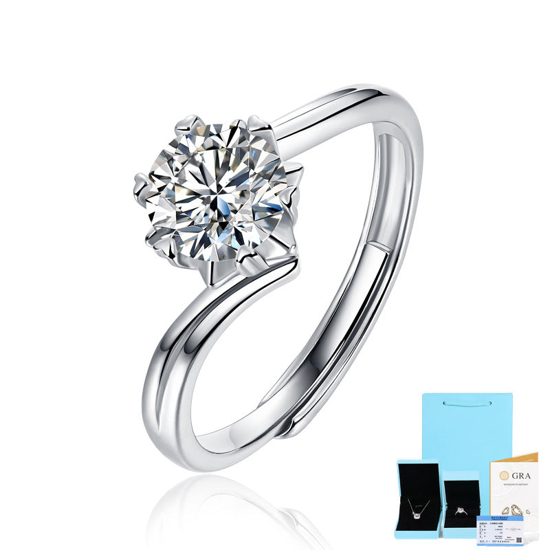 Anillo de platino bañado en plata S925 con flor de nieve de mosonita para mujer, joyería de plata nueva