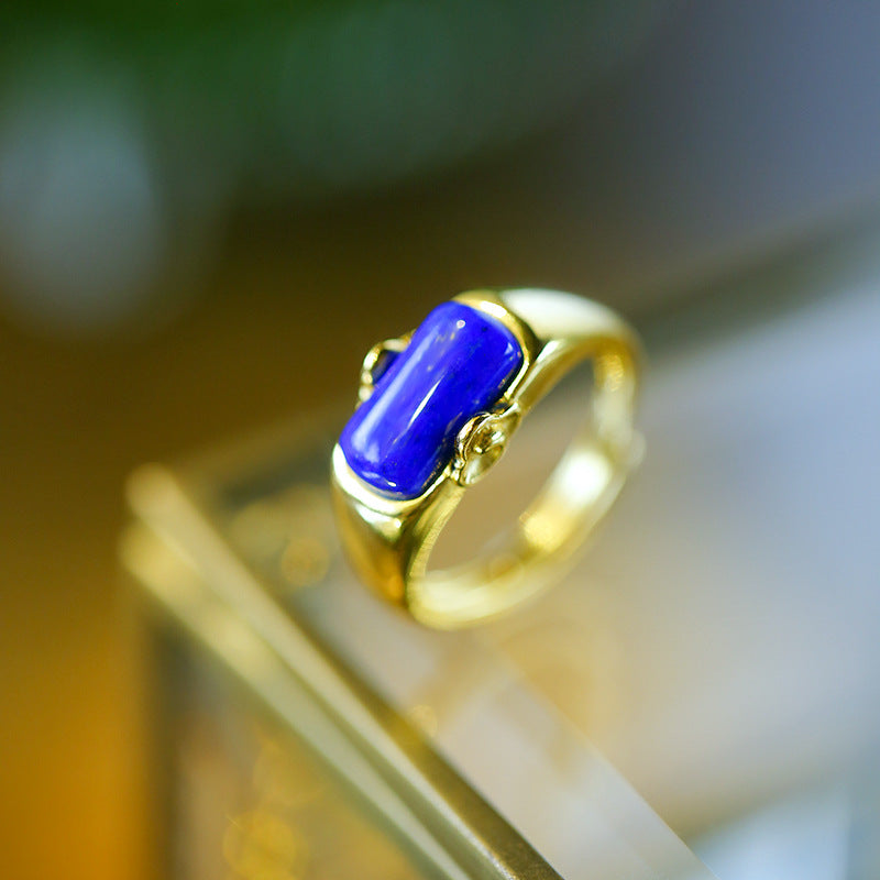 Bague ouverte exquise en Lapis lazuli, plaqué argent et or incrusté d'or S925