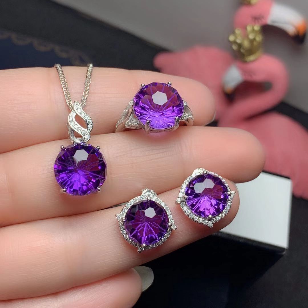 Amethyst Ring pendant earrings set with 925 silver inlay