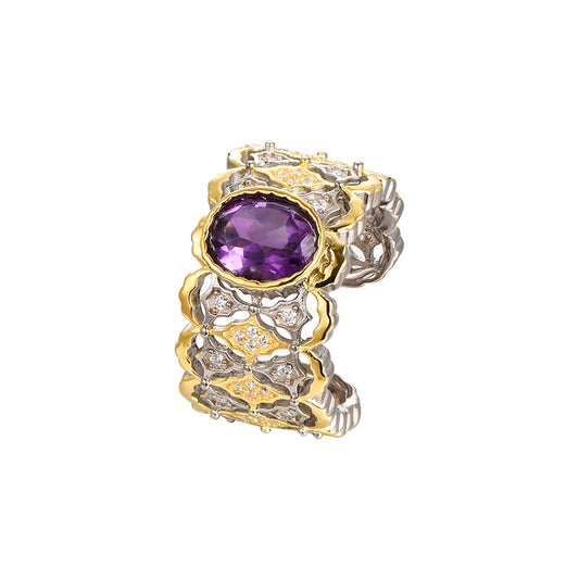 Zircon S925 Silver Medieval Court Style Natural Amethyst Open Ring