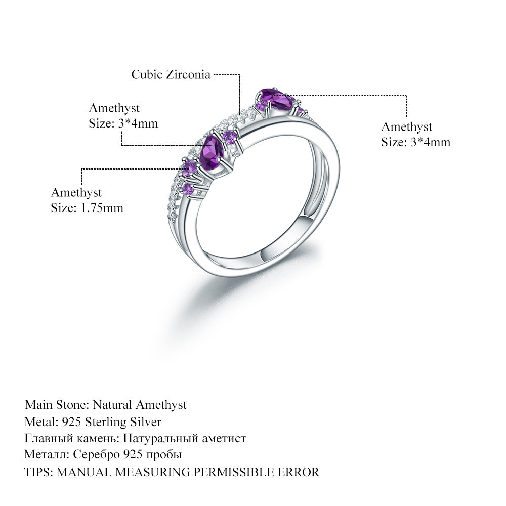 Bague en améthyste naturelle, bague colorée incrustée d'argent s925