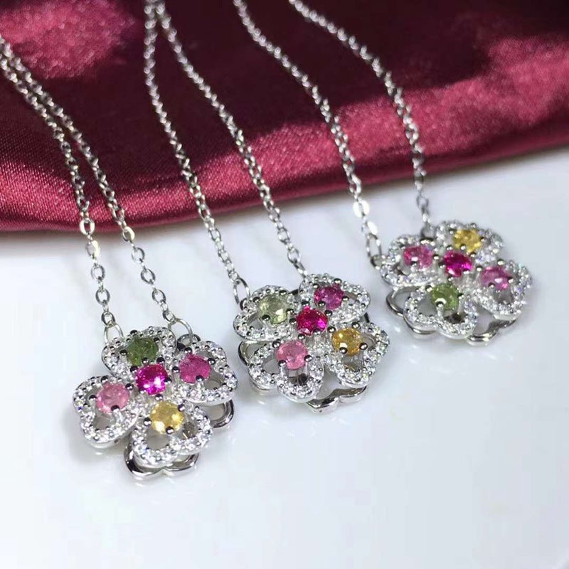 Ensemble de luxe en Tourmaline naturelle, pendentif rotatif à quatre feuilles d'herbe incrusté d'argent S925