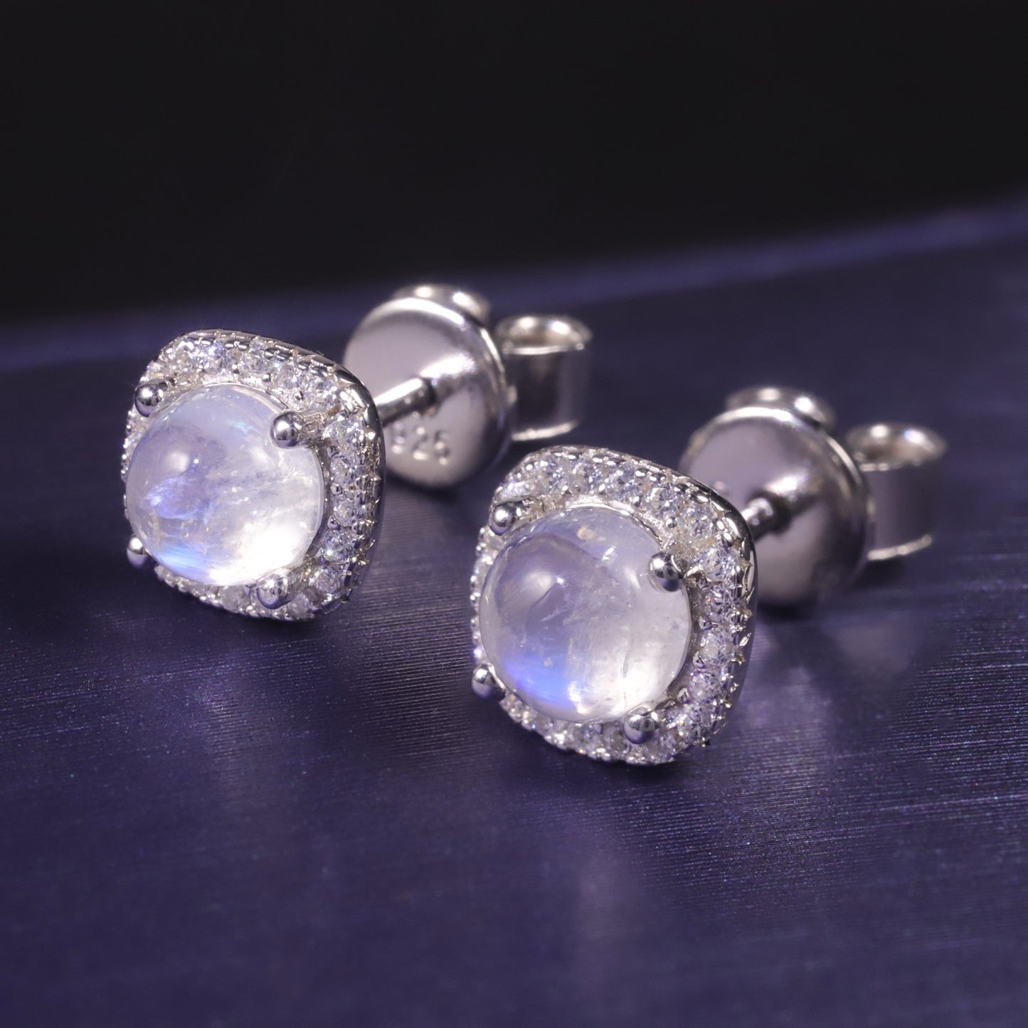 Pendientes de piedra lunar azul natural de primera calidad con temperamento para mujer, redondos, con incrustaciones de piedras preciosas en plata de ley S925, venta al por mayor