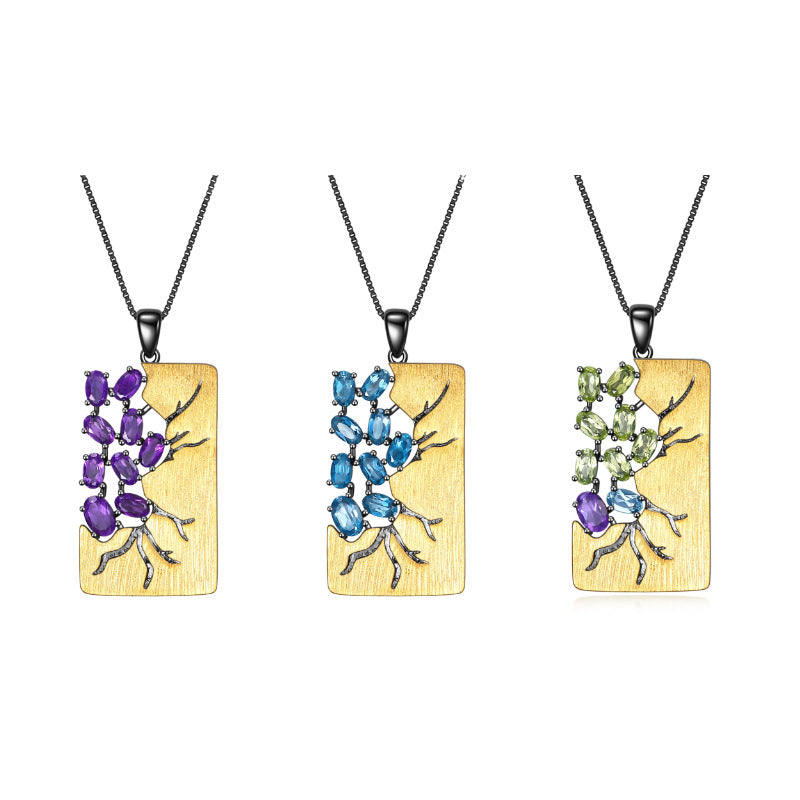 Designer Natural Colored Stone Accessories Three-Piece Set 925 Silver Inlaid European and American Style Luxury Jewelry Set