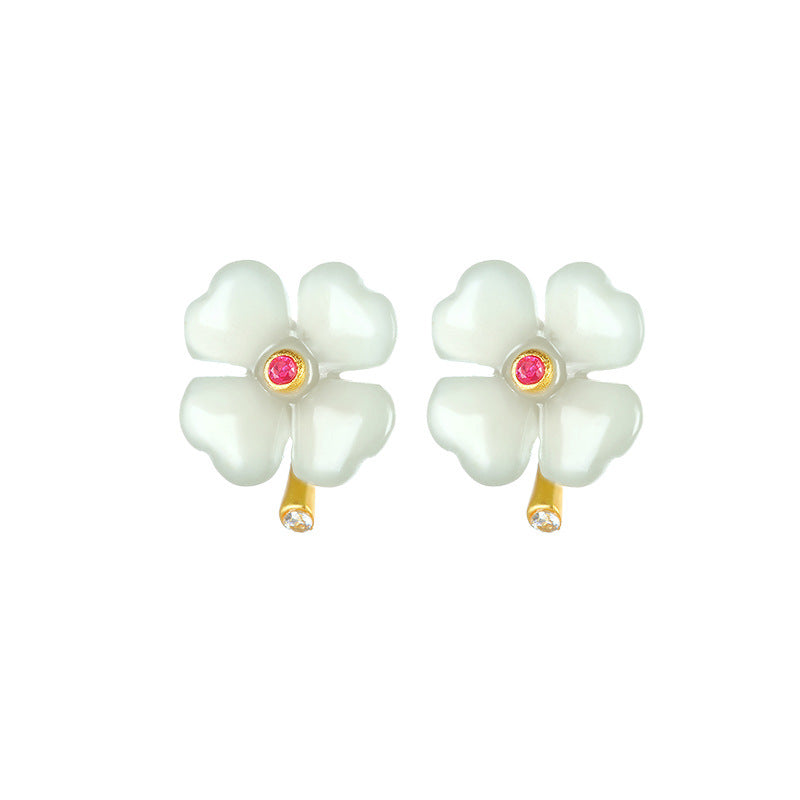 S925 silver inlaid Hotan Jade sapphire earrings four leaf grass color zircon embellishment earrings