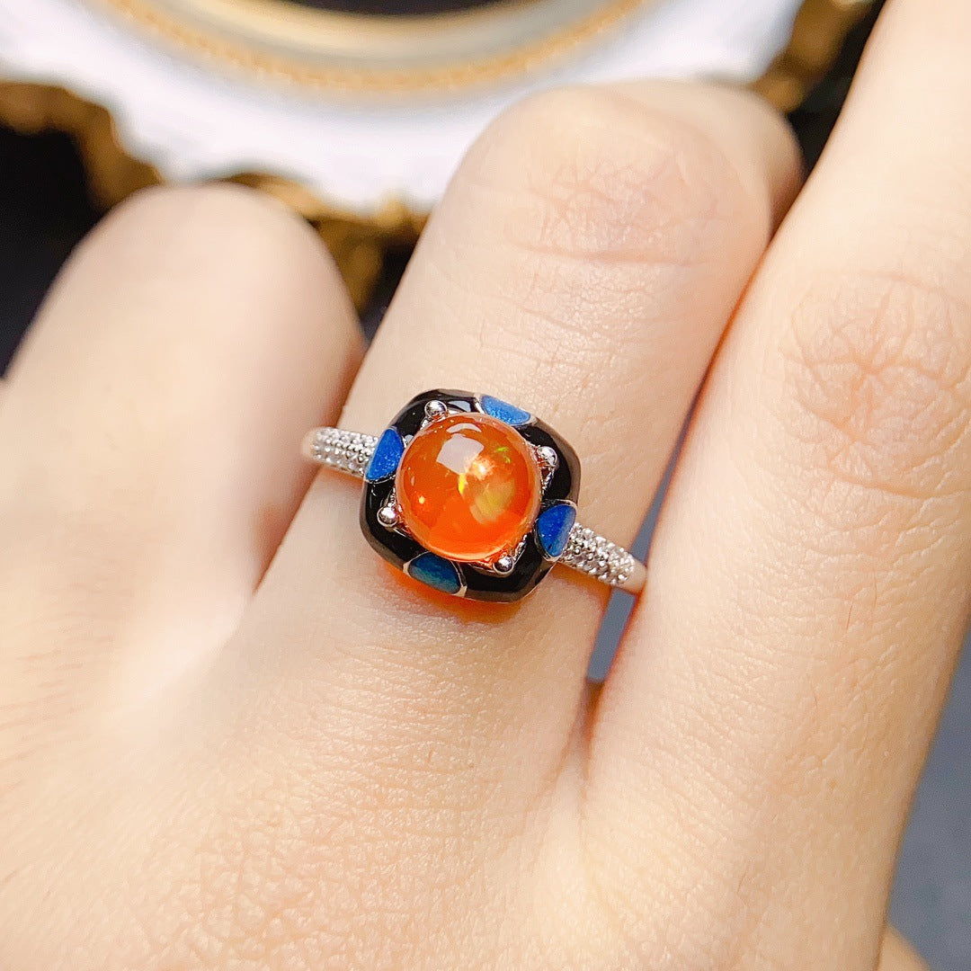 Natural Fire Opal Ring S925 silver set main stone 7*7 sellin