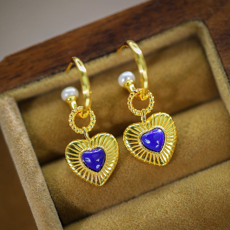 Boucles d'oreilles à boucle en T, plaqué argent S925, incrusté de lapis-lazuli, amour