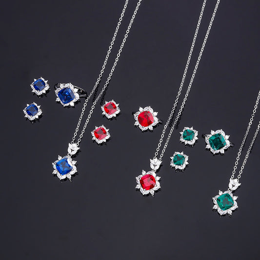 S925 Silver Jewelry Simulation Colorful Treasure Square Simple Daily Style Set for Women 9 * 9-7 * 7