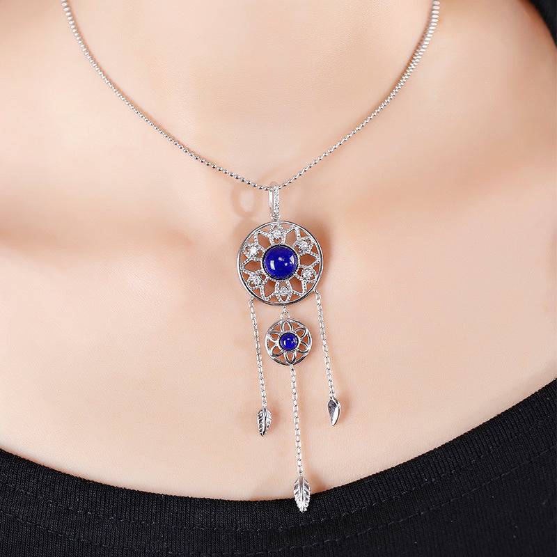 Ensemble en argent sterling S925, pendentif lapis-lazuli, pompon