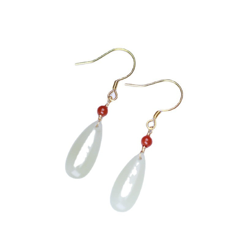 Natural Hetian jade water drop ear hook with southern red bead earrings