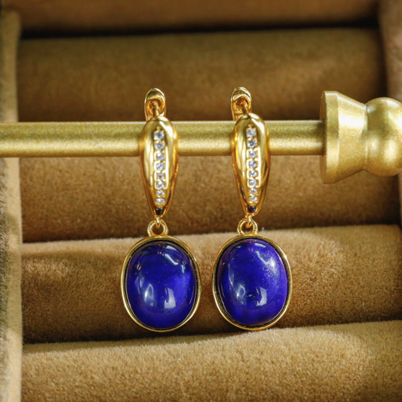 S925 silver plated gold inlaid lapis lazuli egg faced earrings