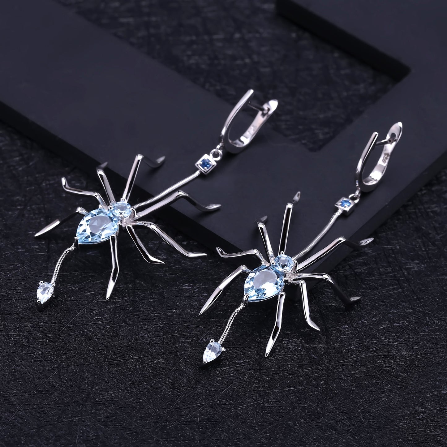 Pendientes colgantes de topacio natural en plata de ley S925 con diseño de araña