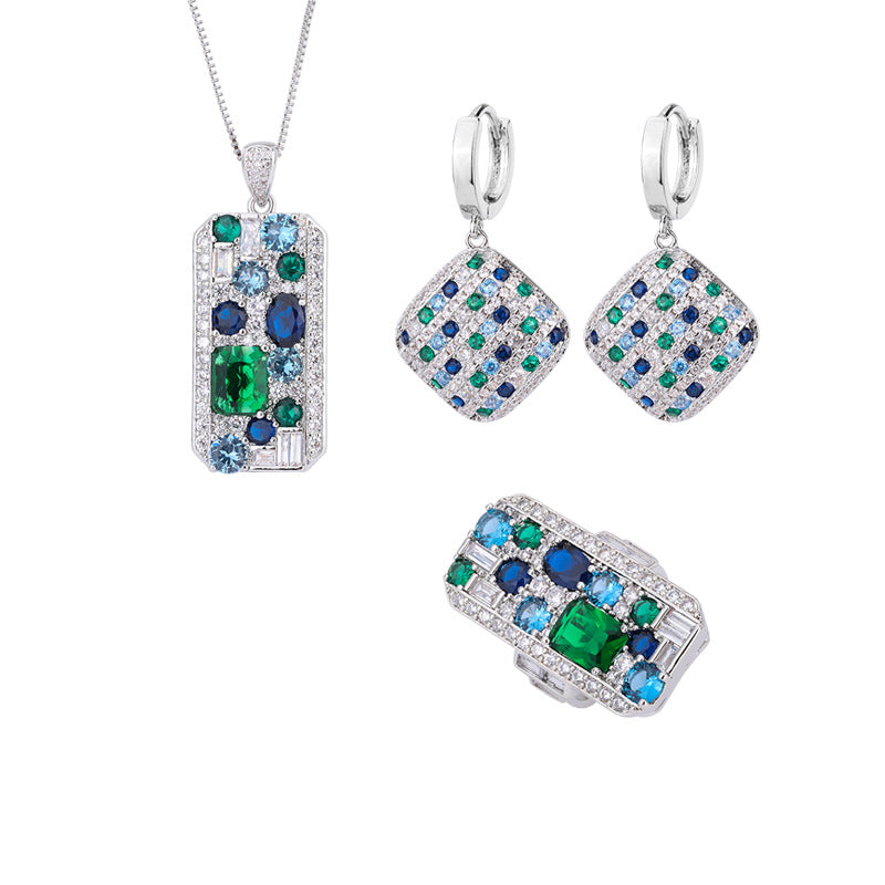 Ensemble de bagues avec pendentif en diamant étincelant en cuivre plaqué or, simulation de couleur carrée colorée assortie.