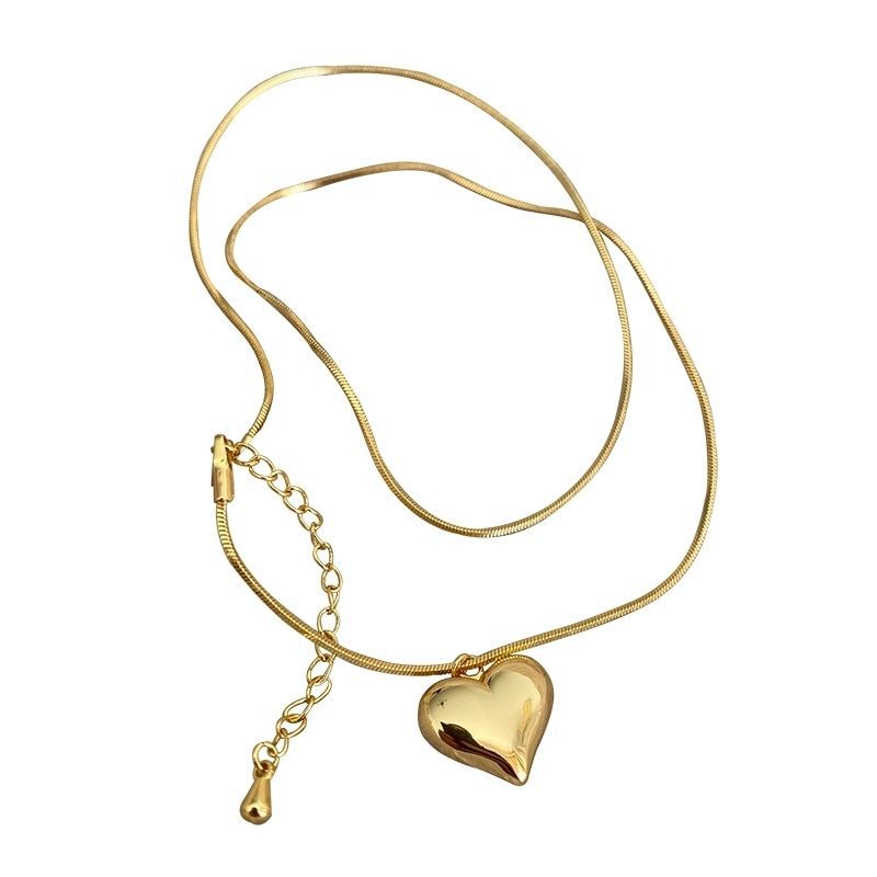 [DF]Collar de amor pequeño tridimensional simple con cadena de clavícula en forma de corazón con sensación de espejo de corazón de melocotón de doble cara, joyería versátil con incrustaciones japonesas y coreanas