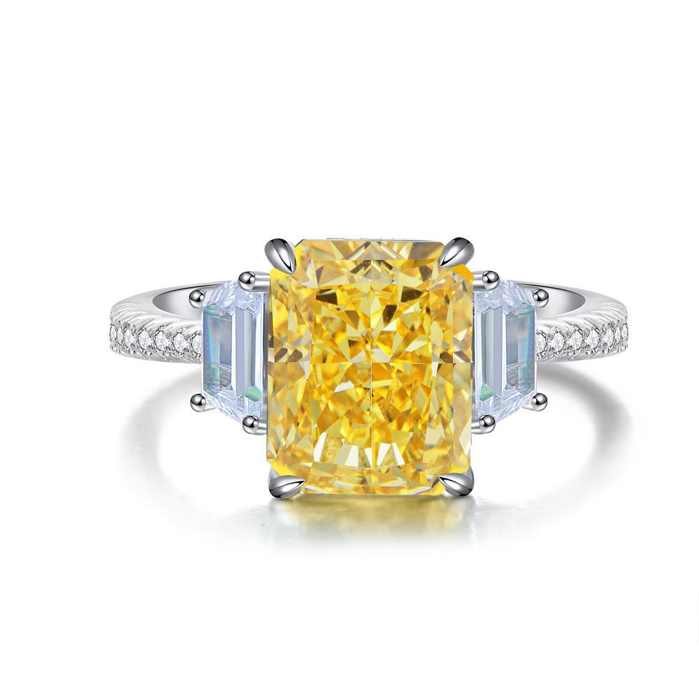 S925 Pure Silver Yellow Diamond Ring Women's Ice Flower 8A Zircon Ring Wedding Ring