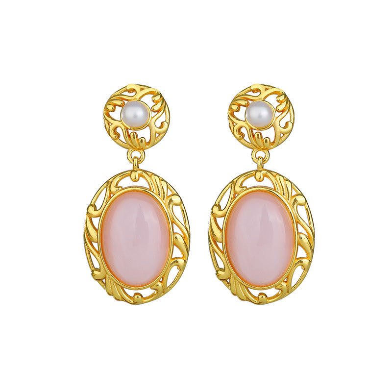 Ensemble d'argent S925, boucles d'oreilles cloche rose, boucles d'oreilles Vintage, visage d'œuf rose