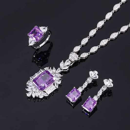 S925 parfait argent haute teneur en carbone diamant simulation violet diamant pendentif bague boucles d'oreilles ensemble