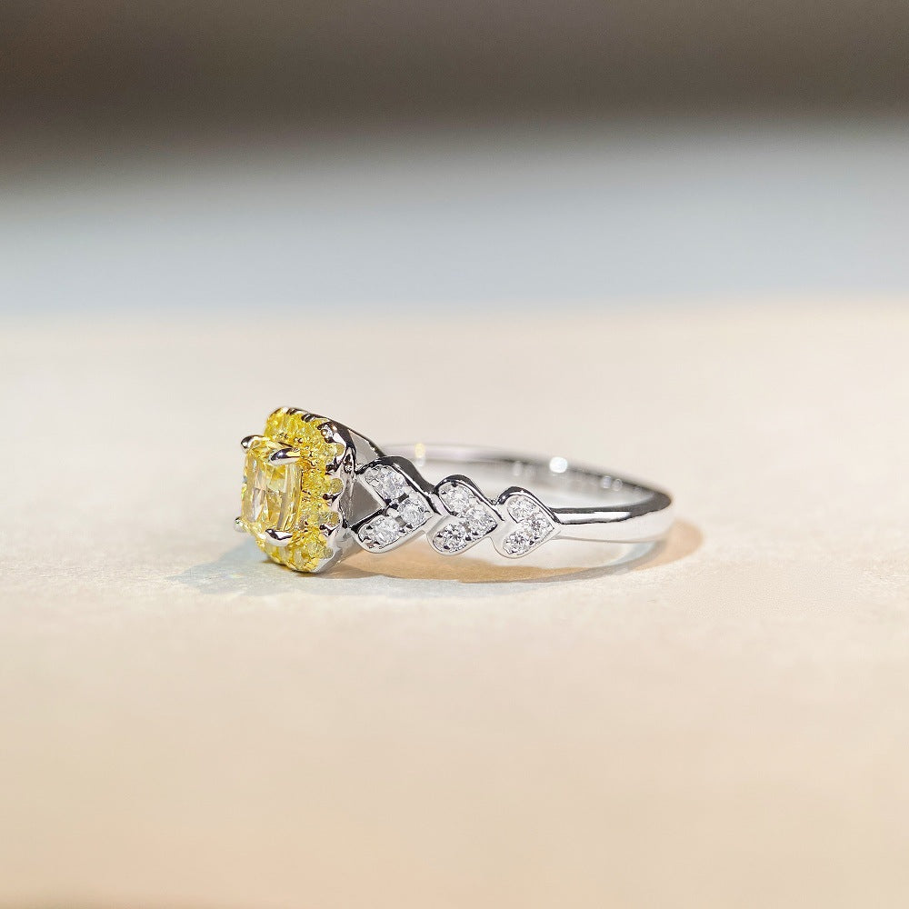 Anillo de plata pura S925 para mujer, ligero, de lujo, de alto grado, con cuatro garras de diamante amarillo, anillo de diamantes de azúcar pequeños