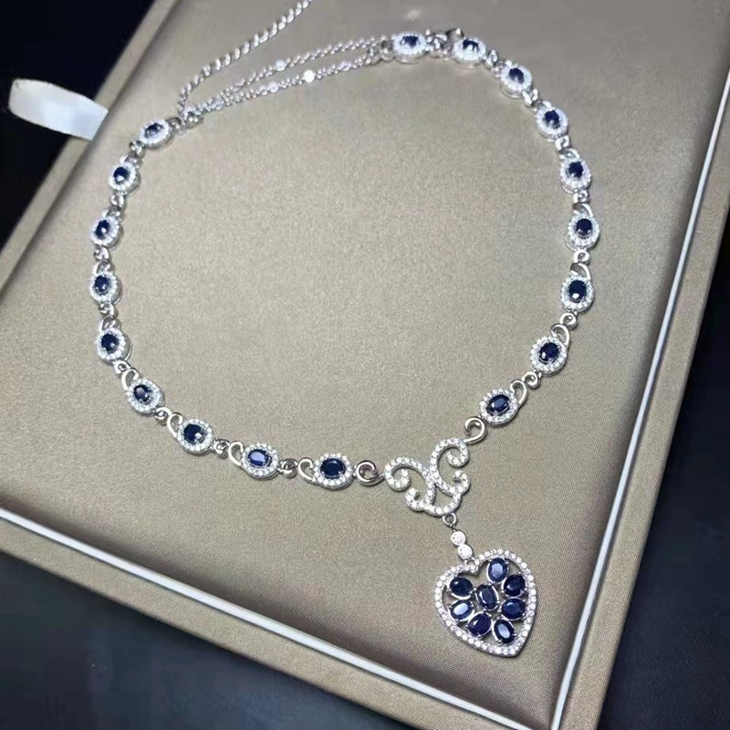 Natural sapphire necklace set with S925 silver pendant