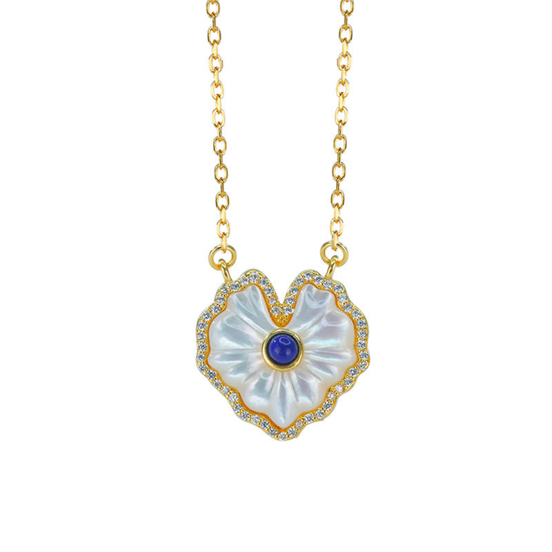 S925 Silver Gold-plated White Fritillaria Love Nanhong Lapis lazuli Earrings Necklace Set