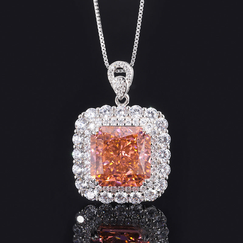 S925 Silver Imitation Colored Gemstone High Carbon Diamond Padparadscha Square Set 14*14