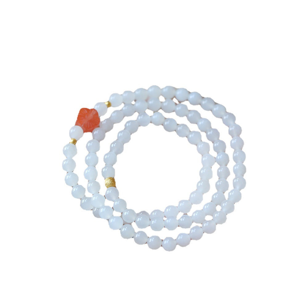 Bracelet en Jade Hotan naturel, Jade blanc avec fleur rouge cerise du sud