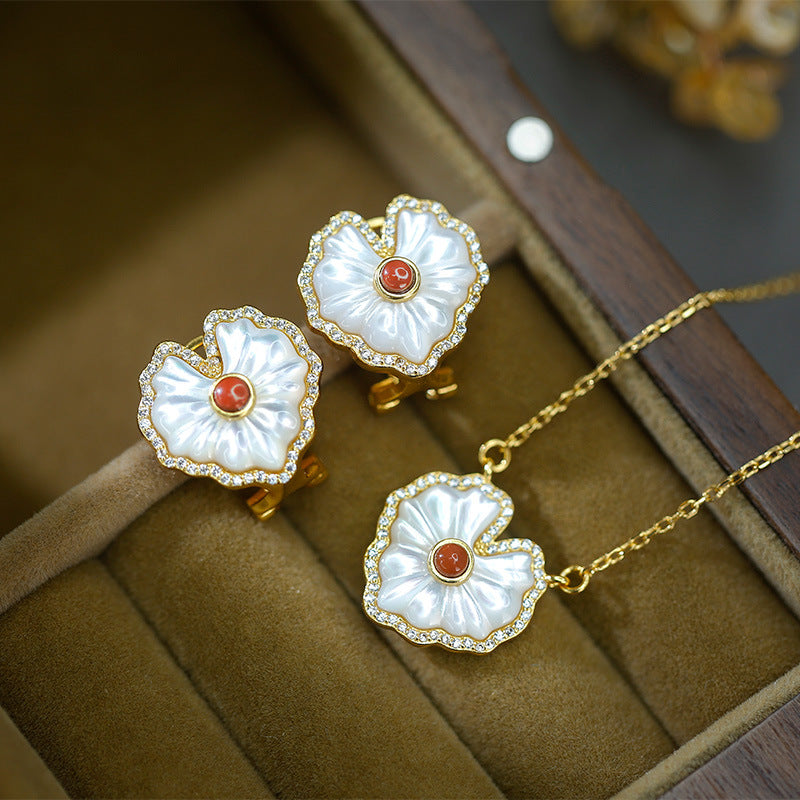 S925 Silver Gold-plated White Fritillaria Love Nanhong Lapis lazuli Earrings Necklace Set