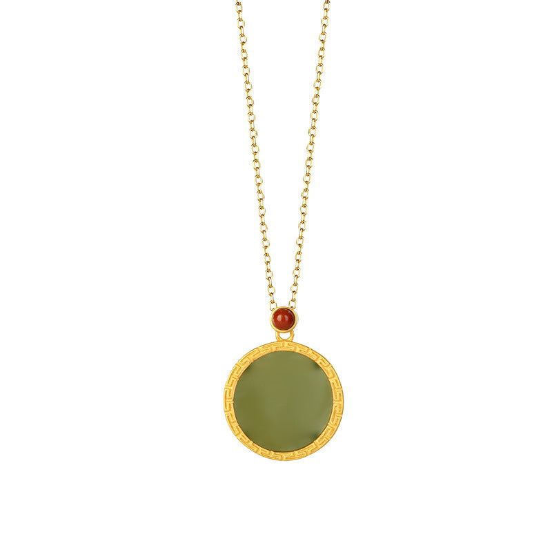 S925 Silver Gilded Gold Inlaid Small South Red and Tian Qingyu Round Plate Simple Pendant Chain