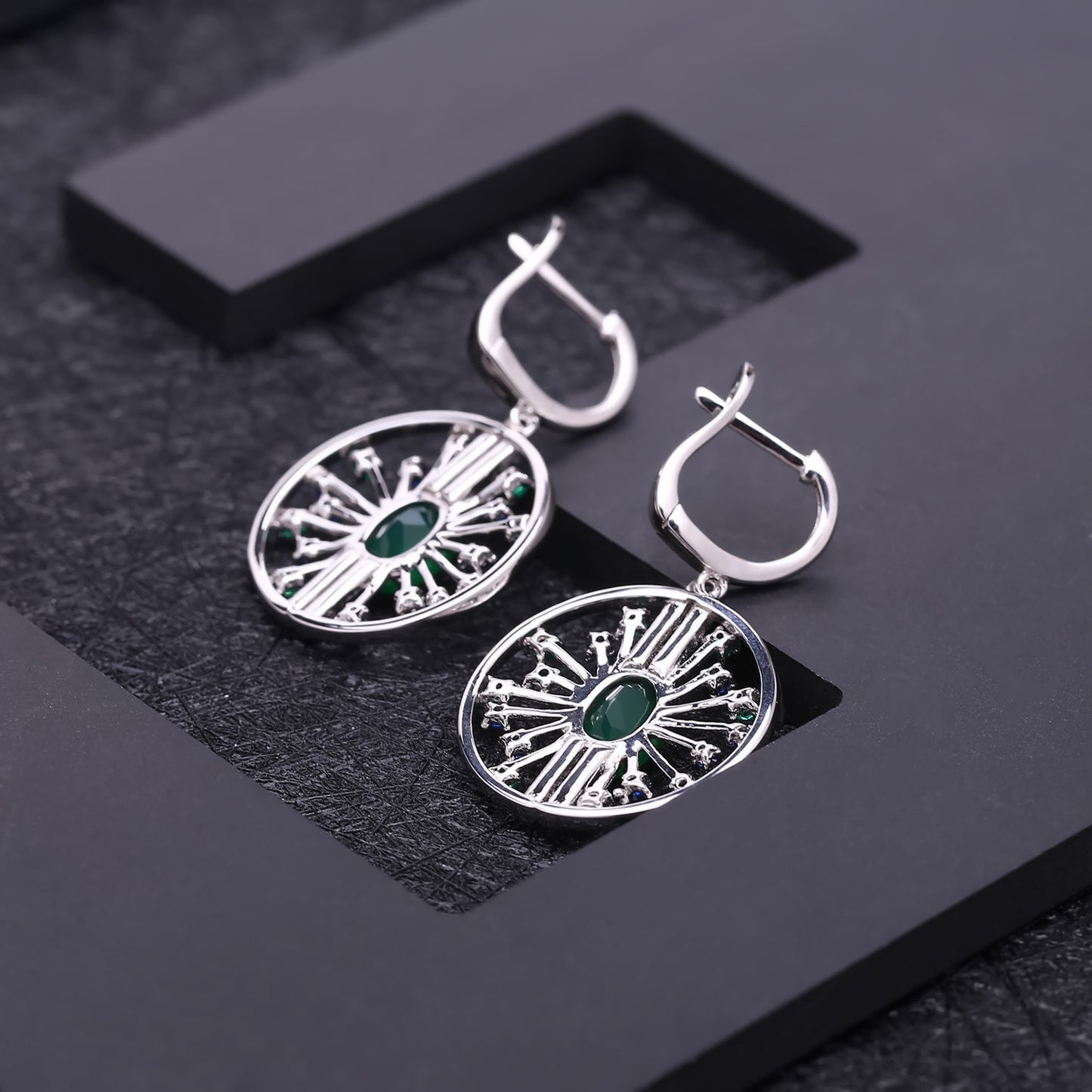 Natural gemstone earrings, luxurious and high-end accessories, 925 silver natural green agate earrings, earrings